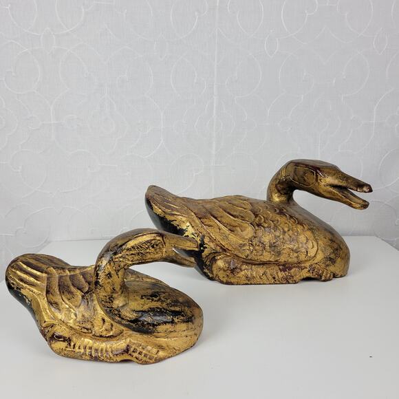 Vintage Carved Italian Wood Ducks Gold Brown 12" 8" Statues‎ 1960s Gilded Large - Picture 1 of 16